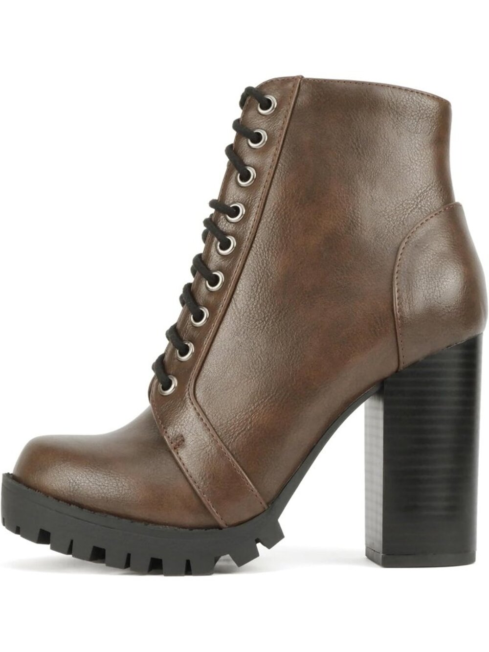 Women's Brown Lace Up Solid Casual Stacked Heels Closed Toe Zipper Ankle Boot
